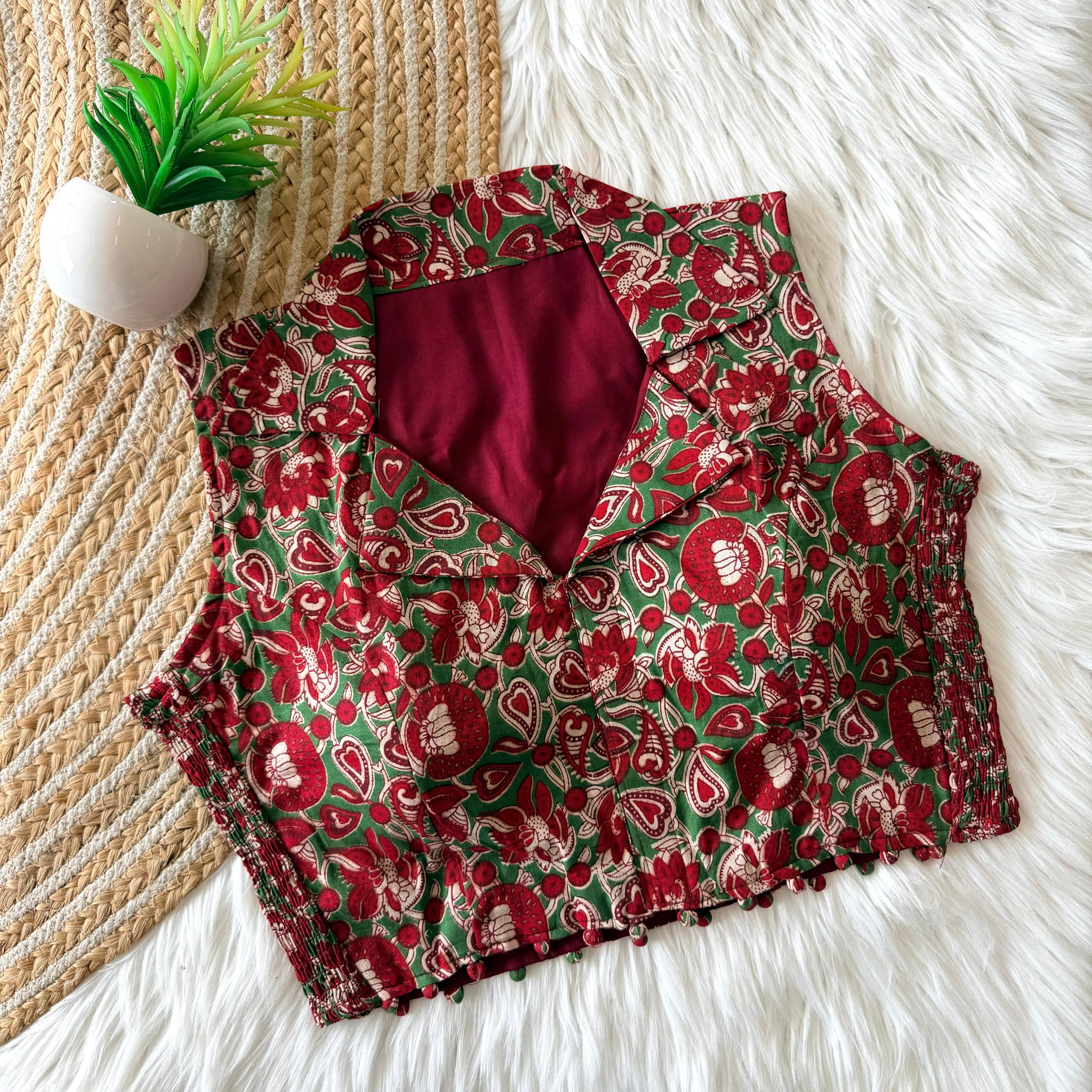 Hand Block Print Cotton Blouse with Side Elastic-Maroon